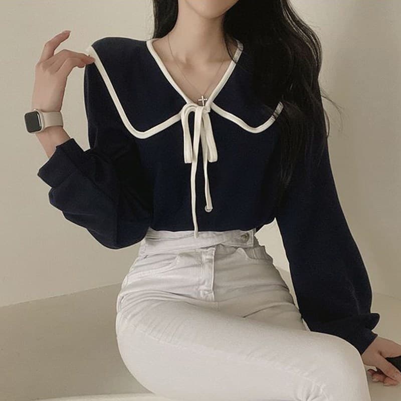 เสื้อเชิ้ตแขนยาวคอปกผูกโบว์น่ารัก Chiffon dolly top relaxed ดีไซน์โบว์ สไตล์เกาหลีญี่ปุ่น รูปที่ 5