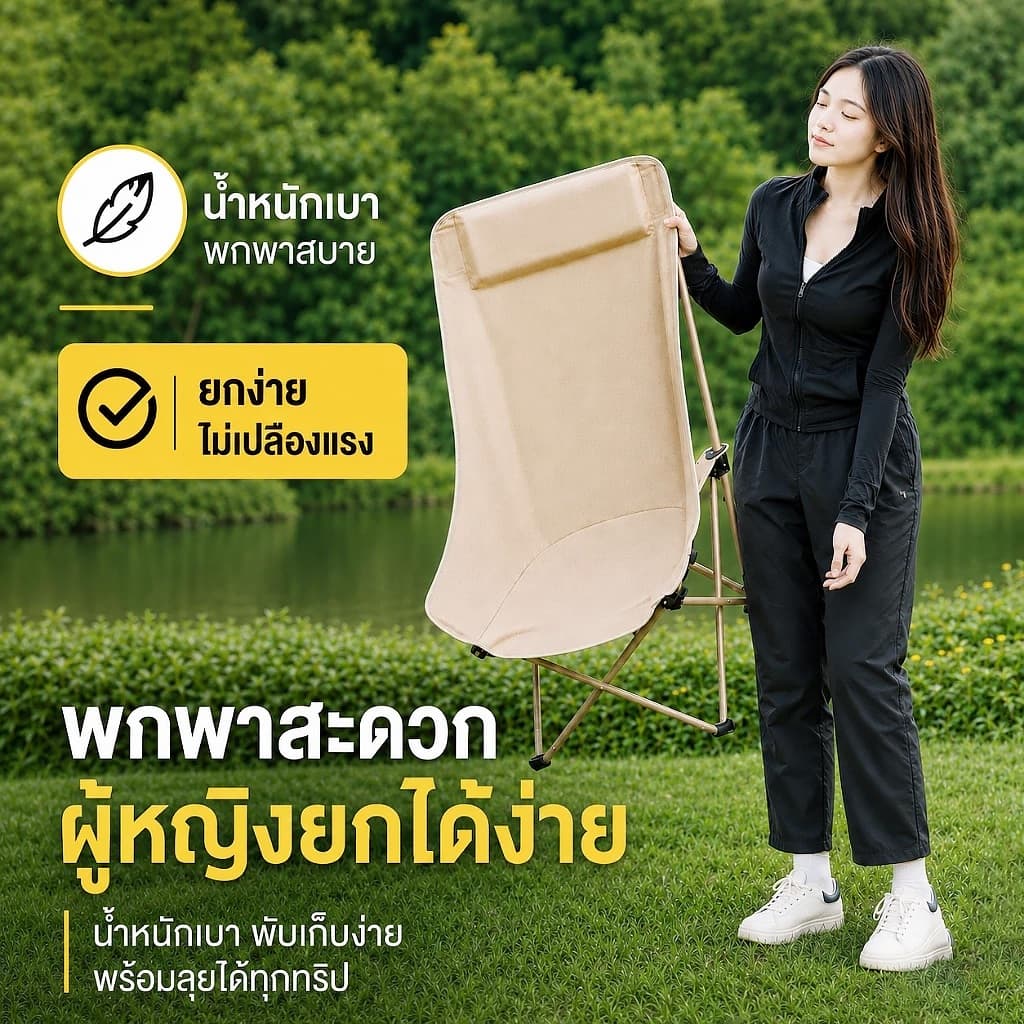เก้าอี้แคมป์ปิ้ง พนักพิงสูง เก้าอี้สนาม พับได้ แบบพกพา ปิคนิค แถมถุงเก็บ รับน้ำหนัก 300KG รูปที่ 3