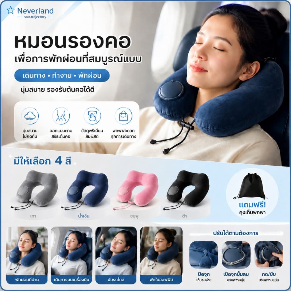 Portable Inflatable Neck Pillow หมอนรองคอแบบเป่าลม หมอนเดินทาง U รูปที่ 1