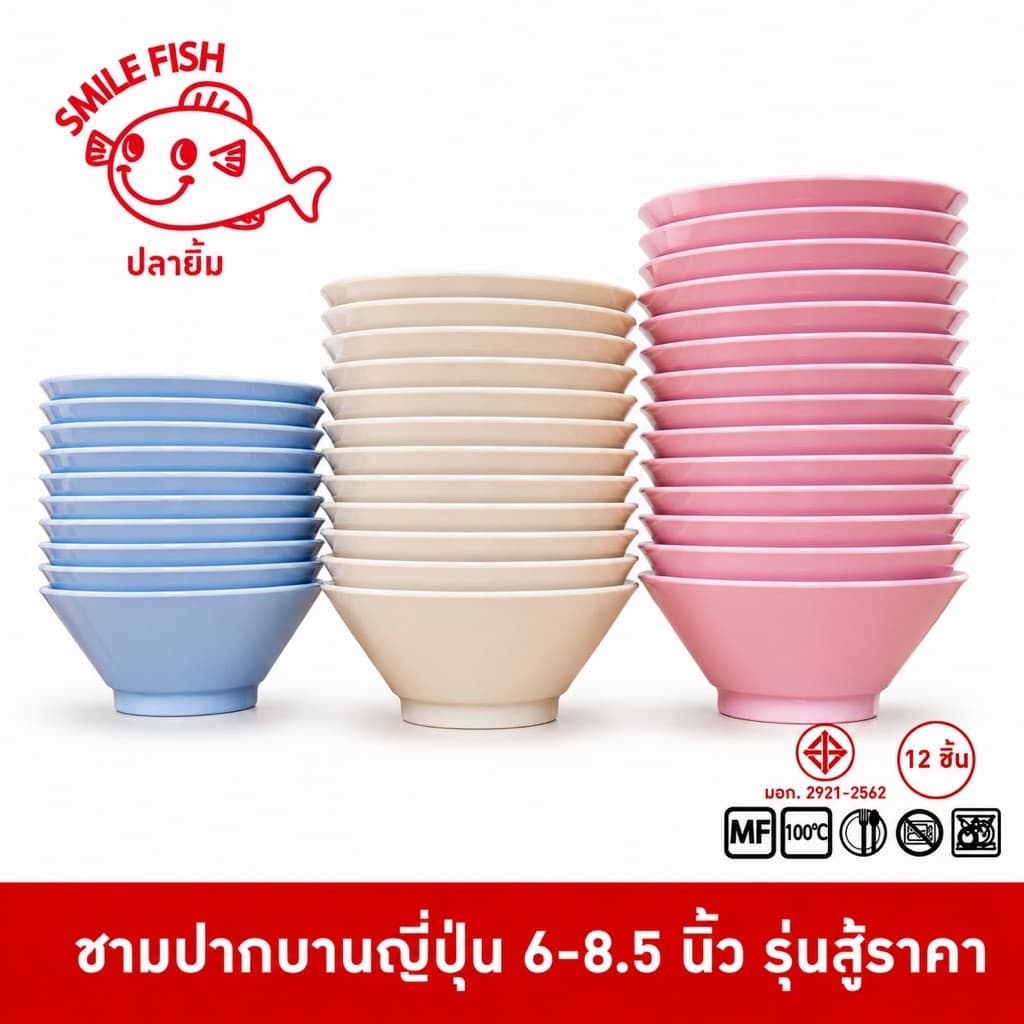 Smile Fish ชามเมลามีนปากบานทรงญี่ปุ่น ชามปากบานญี่ปุ่น ขนาด 6-8.5 นิ้ว รุ่นสู้ราคา รูปที่ 1
