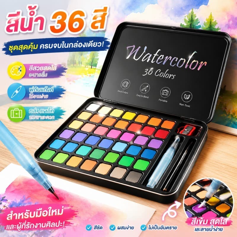 สีน้ำ 36 สี สีน้ำเซ็ทใหญ่ ชุดสีน้ำกล่องเหล็กโลหะ พู่กันแท้งค์ ชุดพู่กันงานศิลปะ สำหรับผู้เริ่มต้น Watercolour Set รูปที่ 5