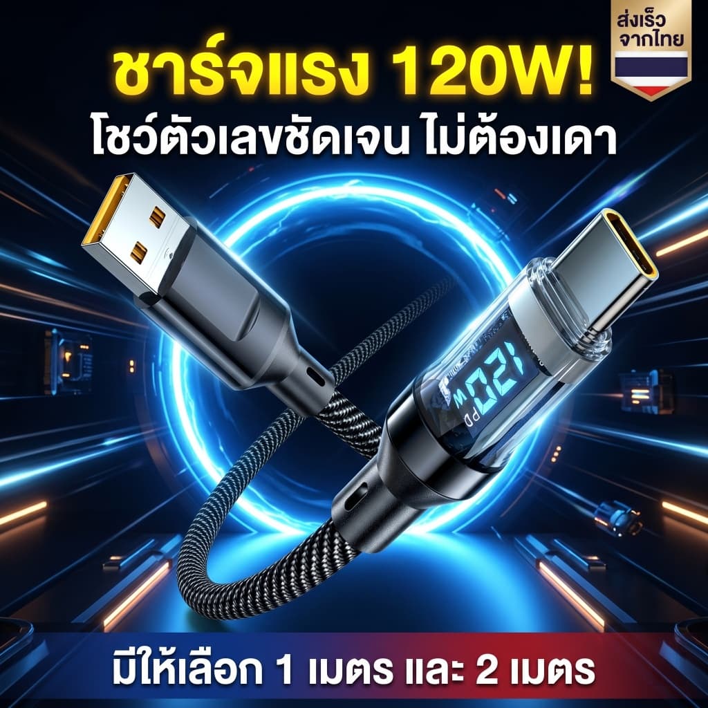 สายชาร์จเร็ว 120W สายถักมีจอ LED บอกวัตต์ ดีไซน์โปร่งใส ชาร์จไว Type-C / L 1m 2m รูปที่ 1