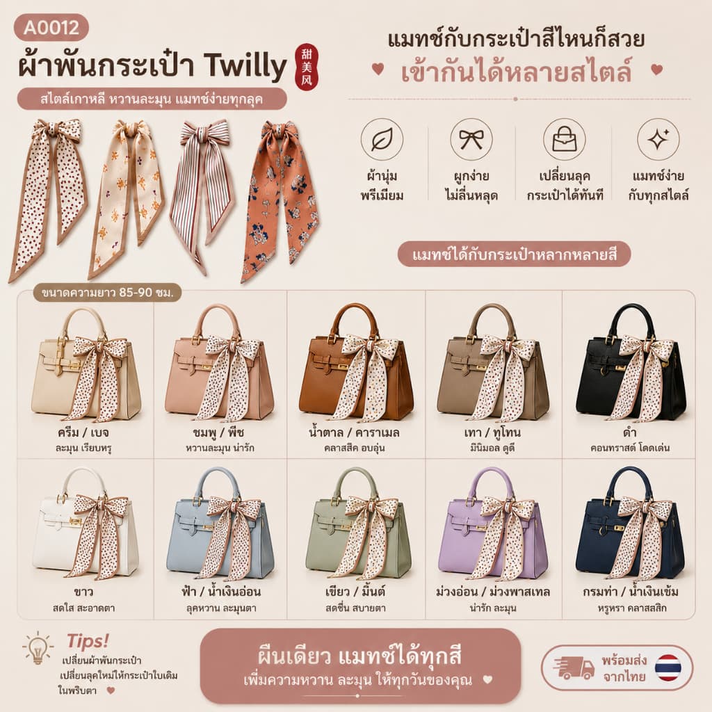 Twilly ผ้าพันหูกระเป๋า ผ้าพันกระเป๋า ซาติน 90 ซม. ลายเกาหลี หัวใจ ดอกไม้ มินิมอล A0012 รูปที่ 2