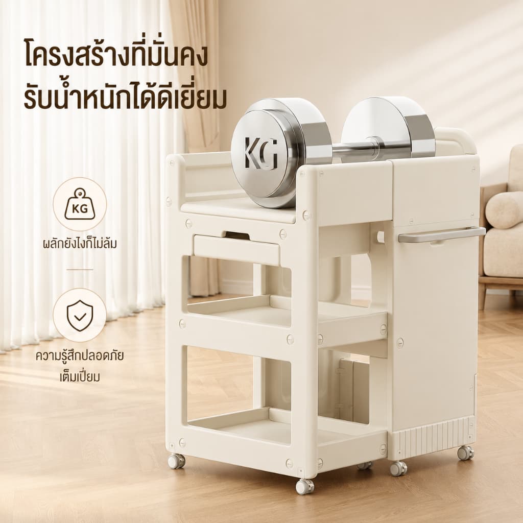 baby safetyโต๊ะเปลี่ยนผ้าอ้อม แรกเกิด ล้อหมุน เปลี่ยนเป็นตู้เก็บของ เบาะยางพารา มีตะกร้า รูปที่ 5