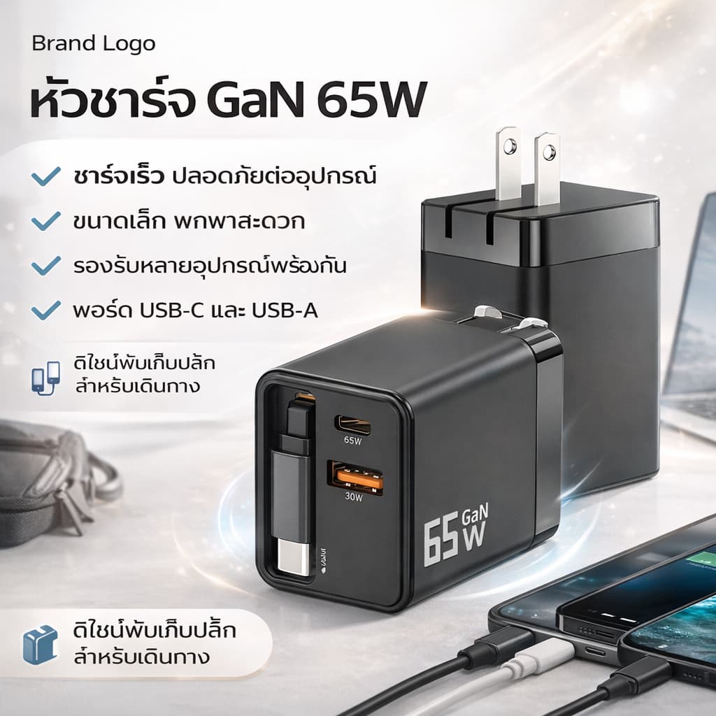 หัวชาร์จ 65W GaN USB A+C ชาร์จเร็ว พร้อมสายชาร์จพกพา ยืดได้ ชาร์จอุปกรณ์ 3 เครื่องพร้อมกัน จำเป็นสำหรับบ้านและการเดินทาง รูปที่ 1