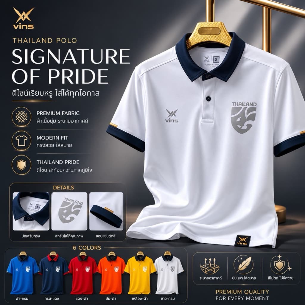 เสื้อโปโลคอปก Vins 221Premium พร้อมใหม่เงิน เนื้อผ้านุ่มใส่สบาย มีหลายสีให้เลือก ไซส์ M-XXL รูปที่ 1