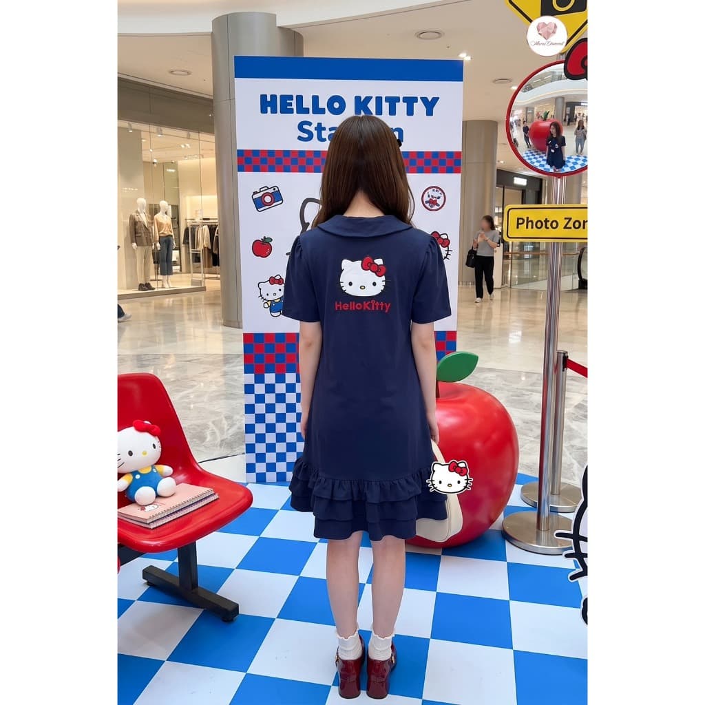 Maria Diamond สีกรม Kitty Station Dress เดรสผ้าคอตตอนโปโลสีกรม งานปักคิตตี้ทั้งชุด กระดุมหน้าสวมหัว รูปที่ 5