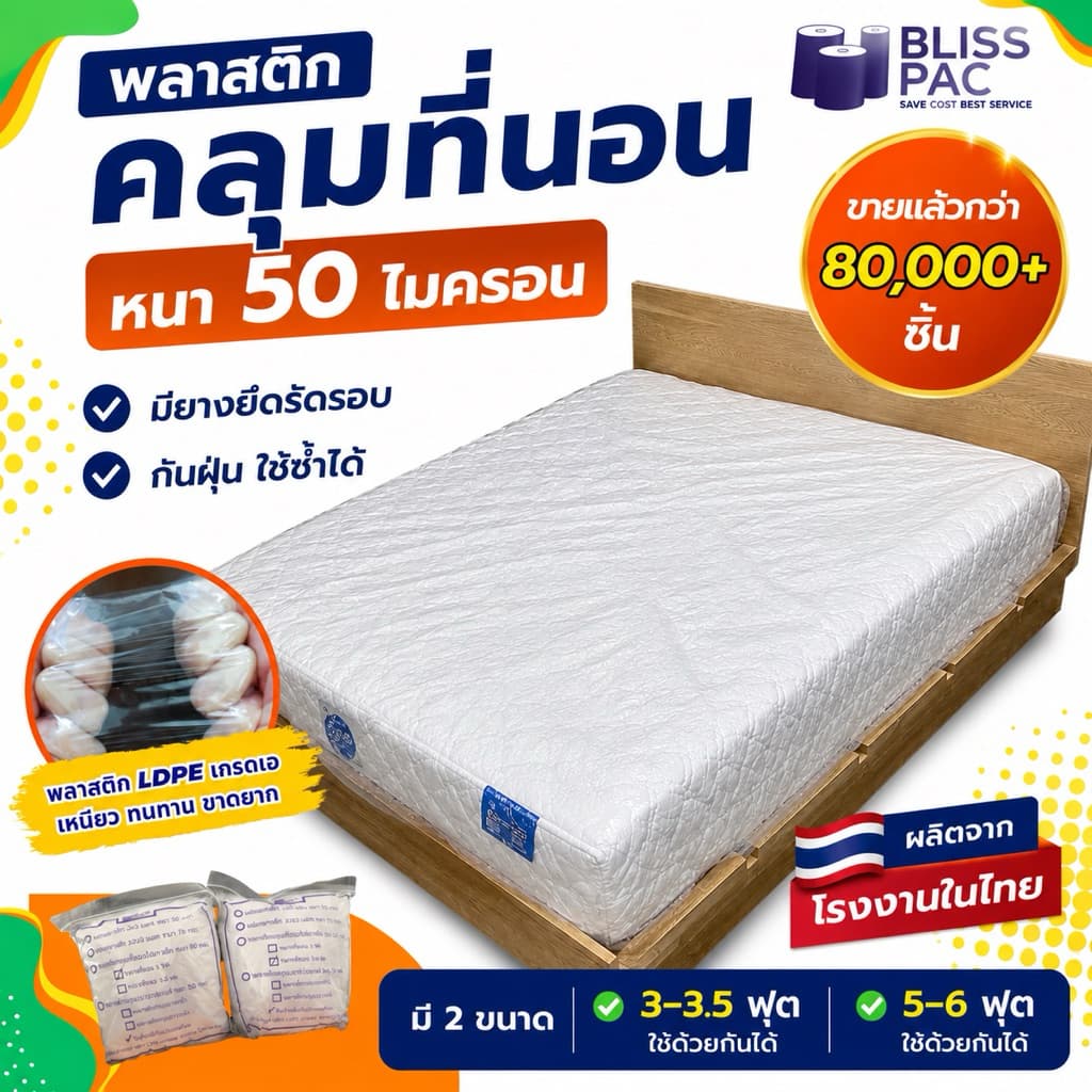 (ยอดขายอันดับ 1)ถุงคลุมที่นอน พลาสติกคลุมที่นอน กันฝุ่น คลุมฟูก ผลิตในไทย LDPE เกรด A หนา 50 Micron มียางยืด