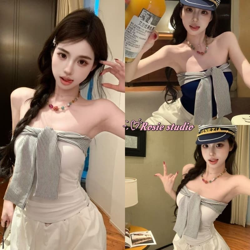 Rosie เสื้อเกาะอกผู้หญิง สีพื้น แขนกุด เสื้อครอปทรงรัดรูป ดีไซน์เชื่อกผูกหน้าอ เซ็กซี่แฟชั่นY2K สไตล์อเมริกัน รูปที่ 1