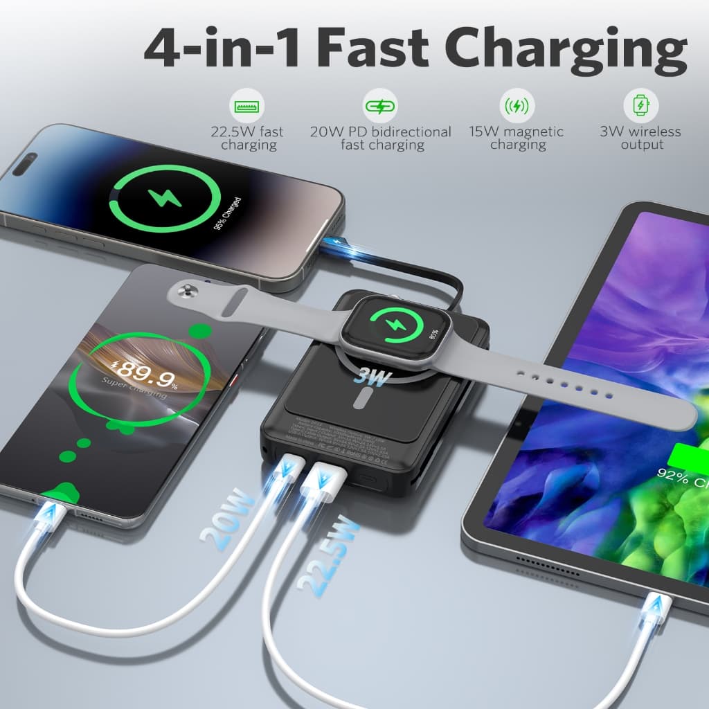 MEEGOO พาวเวอร์แบงค์แม่เหล็กชาร์จไร้สาย 10000mAh 15W มีขาตั้งโทรศัพท์ในตัว ชาร์จเร็ว 22.5W ชาร์จนาฬิกาได้ด้วย รูปที่ 9
