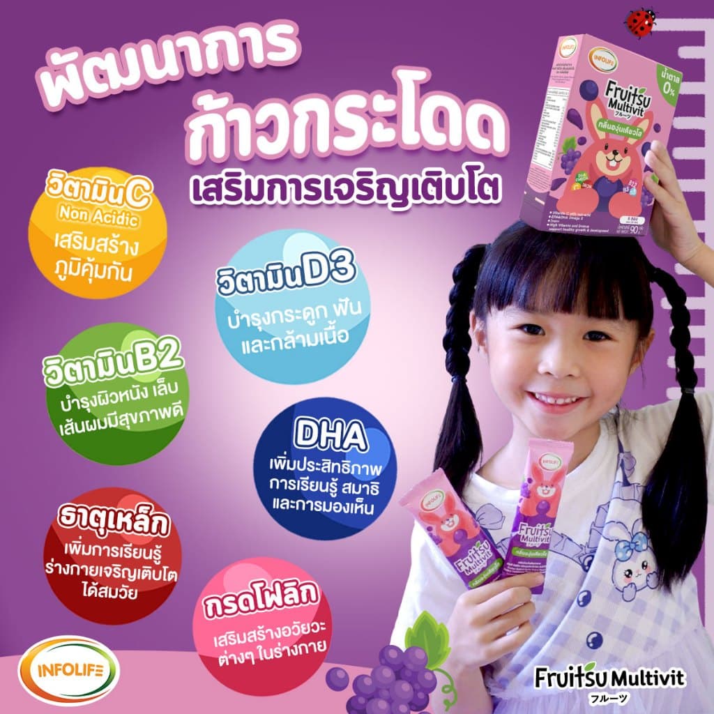 อินโฟว์ไลฟ ฟรุตสึ มัลติวิต วิตามินรวมชงดื่ม เสริมธาตุเหล็ก ต้านหวัด และบำรุงสมอง รสองุ่น สำหรับเด็ก รูปที่ 7