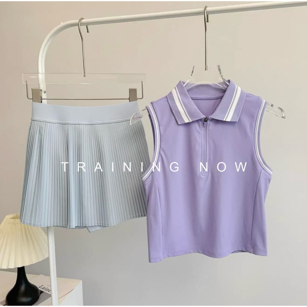 ชุดเทนนิสผู้หญิง 2 ชิ้น เสื้อแขนกุดคอปก + กระโปรงพลีท กางเกงซับใน ชุดกอล์ฟ ชุดแบดมินตัน สปอร์ตแฟชั่น รูปที่ 5