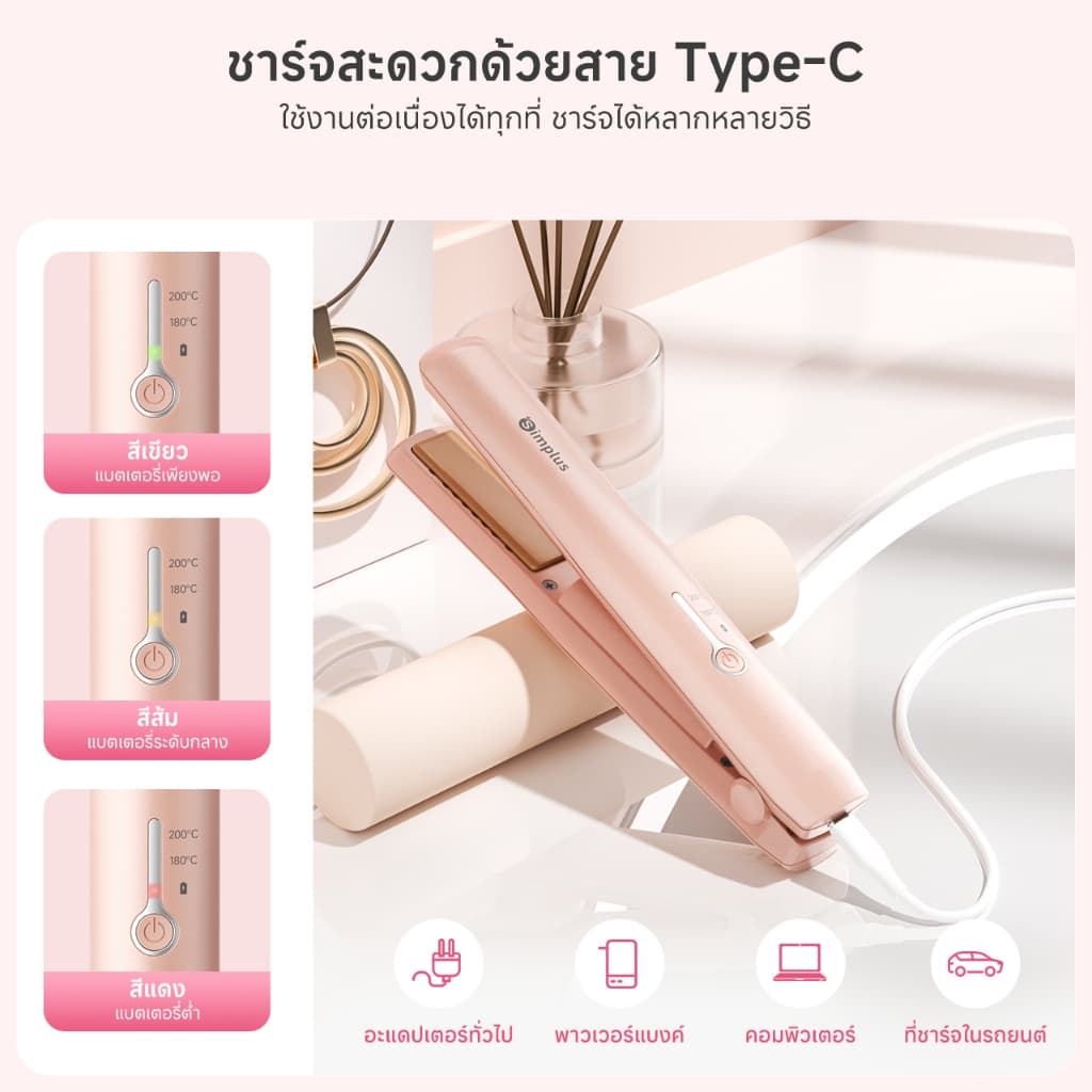 Simplus เครื่องหนีบผมไร้สาย พกพาสะดวก ชาร์จ Type-C ใช้งาน 45 นาที แผ่นเซรามิก 3D ปรับความร้อนได้ 2 ระดับ ZFBA008 รูปที่ 6
