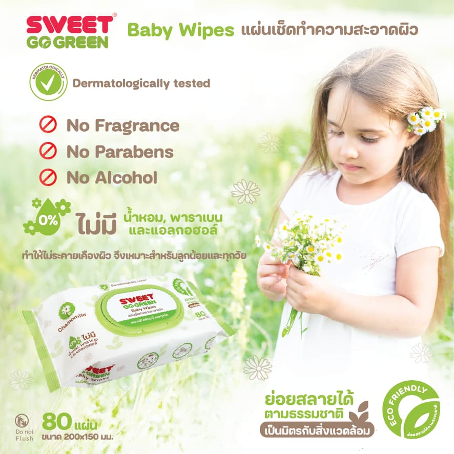 "ทิชชู่เปียก ย่อยสลายได้" SWEET Baby Wipes Go Green Big pack // ได้ ห่อใหญ่ 6 ห่อ มินิ 1 แพ็ค รูปที่ 3