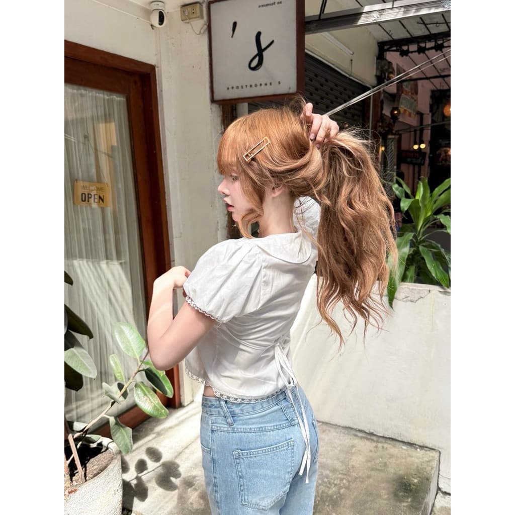 Mamildya.shop เสื้อเชิ้ตแขนสั้นคอบัวทรงแขนตุ๊กตา/ J1-3/COOK-บัวลอน รูปที่ 5