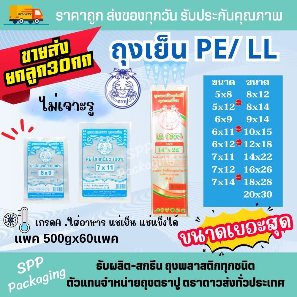 ถุงเย็น PE/LL ตราปู Food Grade ไม่เจาะรู ใส่อาหาร แช่แข็งได้ ใส เหนียว แพค500กรัม รูปที่ 1