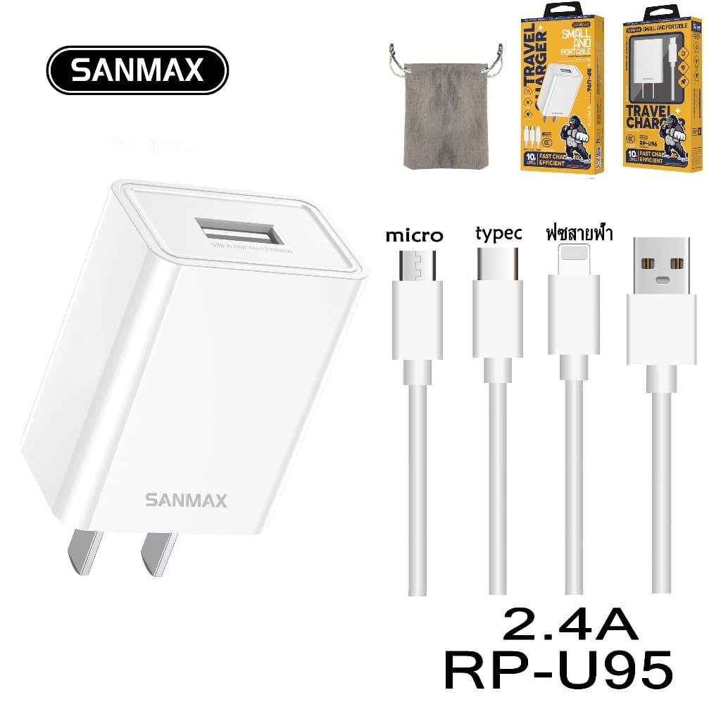 sanmax rpu96 CCC ปลั๊กชาร์จ USB สายชาร์จ+หัวชาร์จ 2.4A สำหรับ phone typec micro ชาร์จเร็ว รูปที่ 6