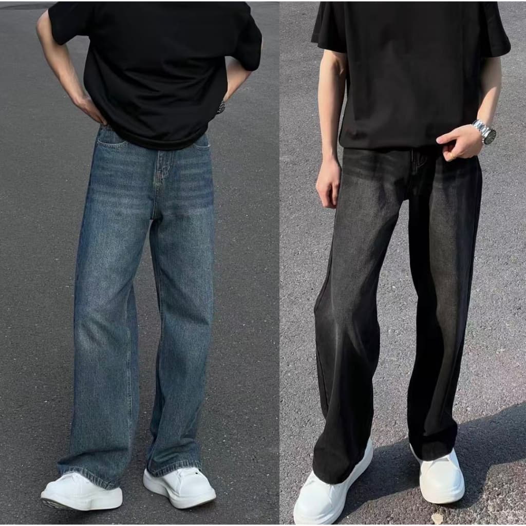กางเกงยีนส์ทรงตรงพื้นฐาน ขากว้างพิเศษแบบ Unisex สำหรับผู้ชายและผู้หญิง สไตล์ กางเกงยีนส์ขายาวกระบอกใหญ่ รูปที่ 1