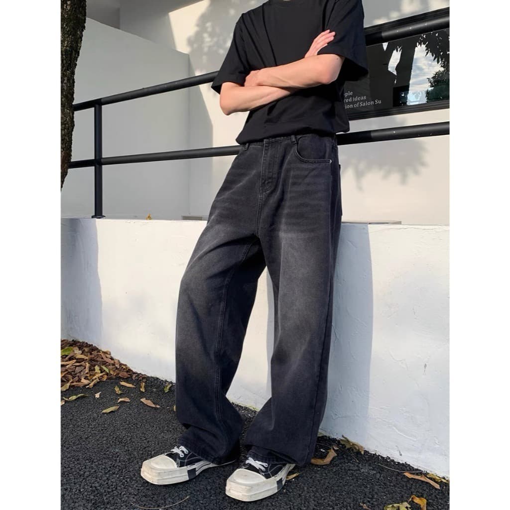 กางเกงยีนส์ทรงตรงพื้นฐาน ขากว้างพิเศษแบบ Unisex สำหรับผู้ชายและผู้หญิง สไตล์ กางเกงยีนส์ขายาวกระบอกใหญ่ รูปที่ 7