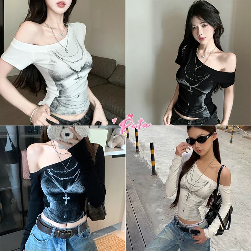 Rita เปิดไหล่ เสื้อยืดผู้หญิง แขนยาว สไตล์คาวาอี้ สไตล์เกาหลี น่ารักๆ สุดเซ็กซี่จับแมทซ์ได้ง่าย ผ้านิ รูปที่ 1