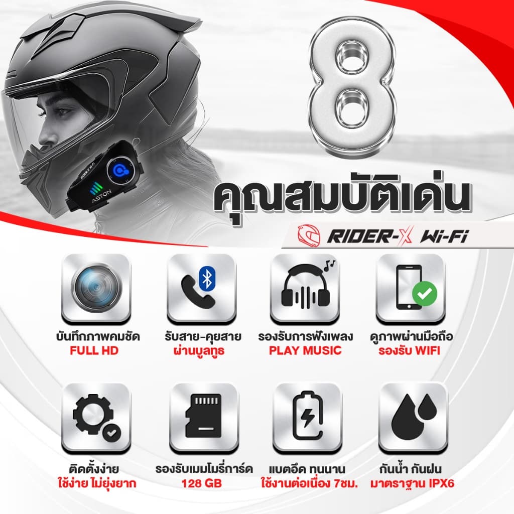 Aston Rider X กล้องติดหมวกกันน็อค กล้องติดหมวก 1080P FHD ฟังเพลง รับสาย บลูทูธ กันน้ำIPX6 ใช้ต่อเนื่อง 7 ชม รับประกัน1ปี รูปที่ 3