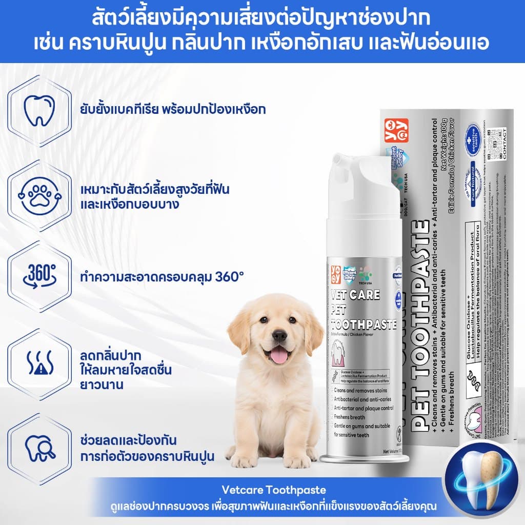 yoyo pet : VET CARE PET TOOTHPASTE | ยาสีฟันสัตว์เลี้ยง กลิ่นไก่ สำหรับสุนัขและแมว สูตรอ่อนโยน ปากสะอาด หอมสดชื่น รูปที่ 2