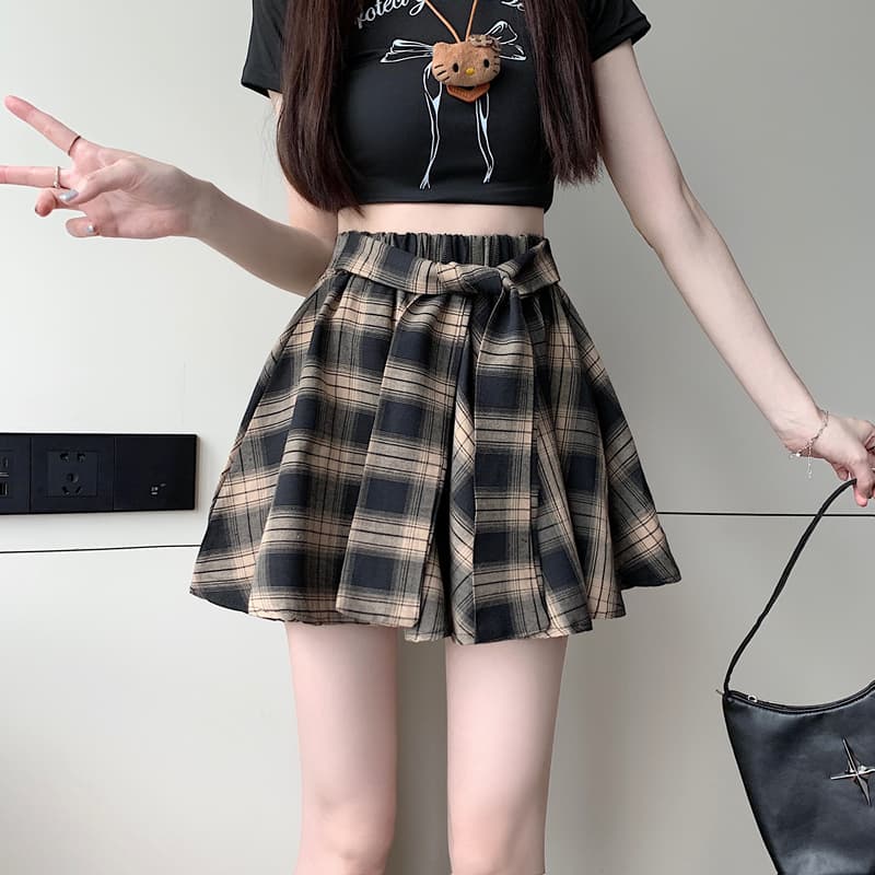 S~5XL Mini Plaid skirt สีน้ำตาล กระโปรงลายสก็อตเอวสูงสไตล์เกาหลีเรโทร กระโปรงสั้นทรงเอไลน์แบบไม่สมมาตรสุดเก๋ HOT รูปที่ 3