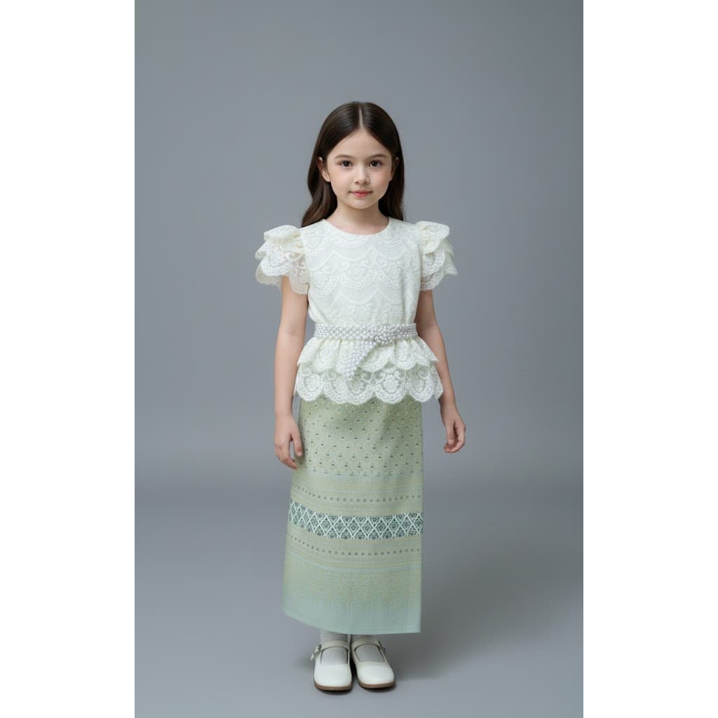 BS011 รุ่นหยกสยาม ชุดไทยเด็กผู้หญิง ประยุกต์ ออกงาน เสื้อลูกไม้มุก ลอยกระทง เด็กโต สีเขียวชมพู รูปที่ 2