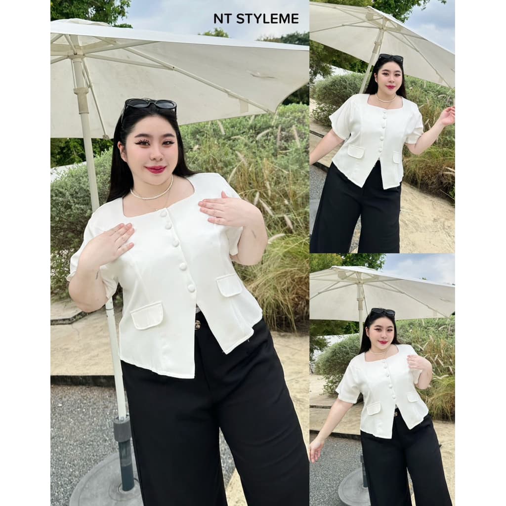 เสื้อสาวอวบคออยู่ผ้าเป้ แต่งกระดุมปั๊มกระเป๋า 38-54นิ้ว รหัส B53 รูปที่ 8