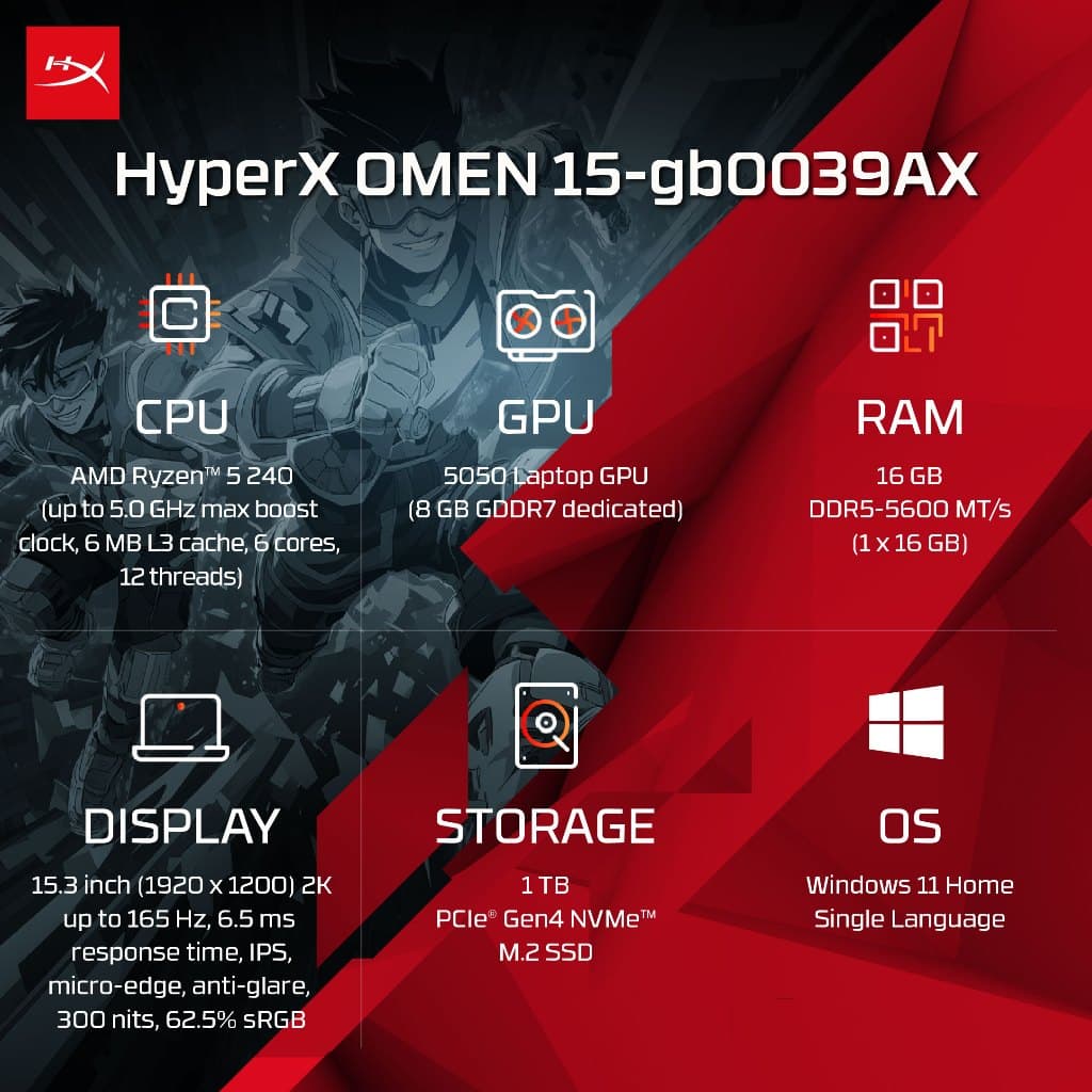 HyperX OMEN | AMD Ryzen 5 240 | RTX 5050 | 16GB/1TB | 15.3" 2K 165Hz | Win11+MS24 | 2Yrs |15-gb0039AX รูปที่ 2