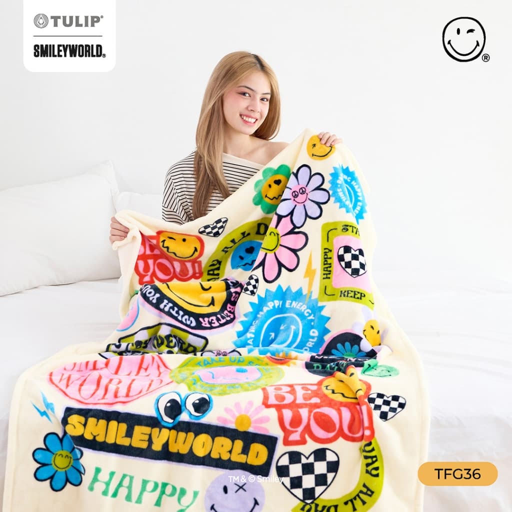 TULIP Fleece SmileyWorld ผ้าห่มขนแกะเทียม TFG36 สไมลีย์เวิลด์ ลิขสิทธิ์แท้ ผ้าห่มฟลีซ หนานุ่ม Smiley World รูปที่ 3