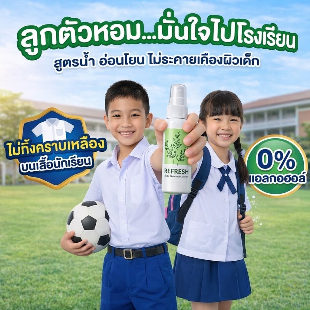 สเปรย์ดับกลิ่นตัวเด็ก Refresh จบปัญหากลิ่นตัวแรง กลิ่นฮอร์โมนวัยรุ่น ไม่แสบผิว ไม่ทิ้งคราบเหลืองบนเสื้อนักเรียน