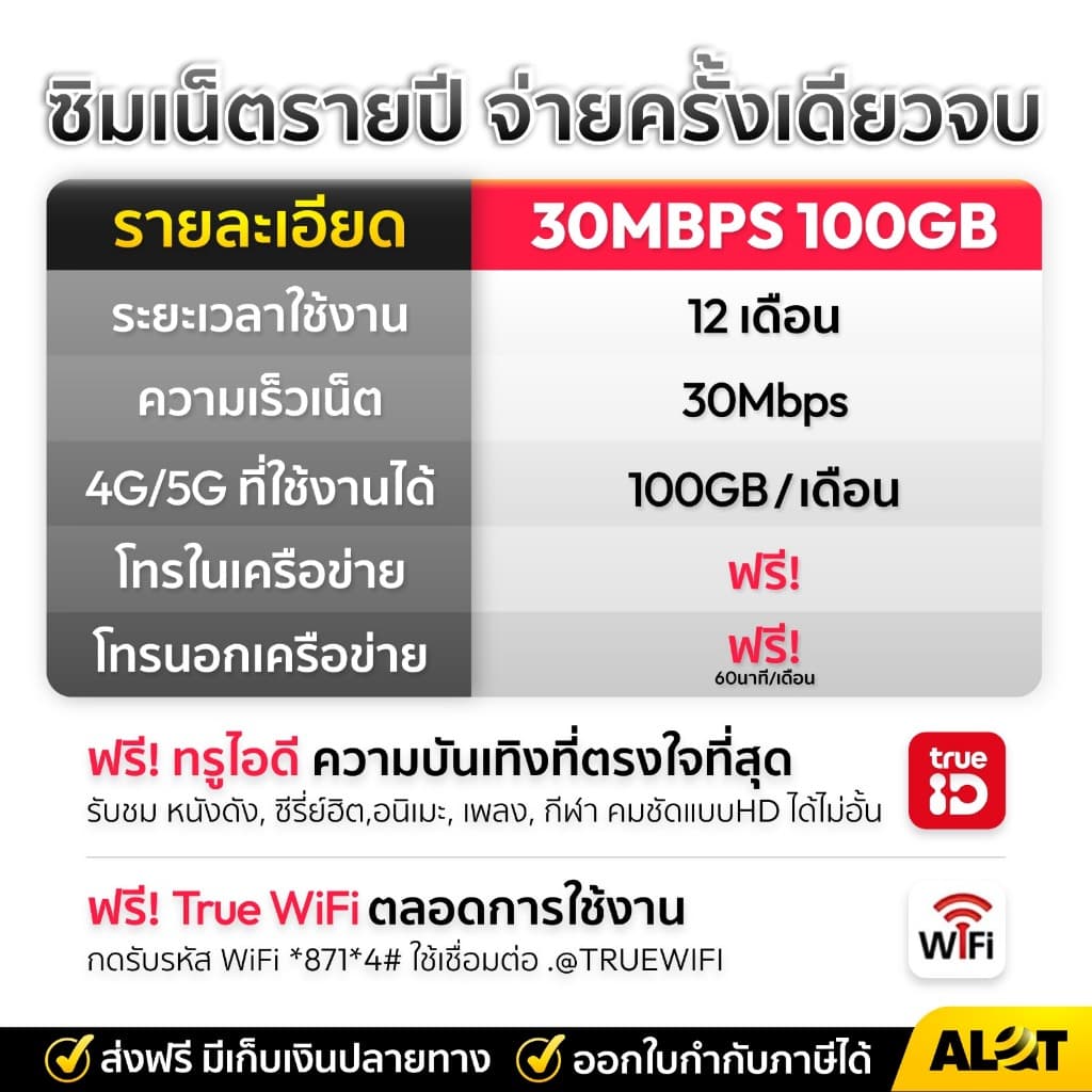 ซิมรายปี 100GB / เดือน ซิมเน็ต ทรู โทรฟรีทุกค่าย Sim เทพ 5G Alot รูปที่ 4