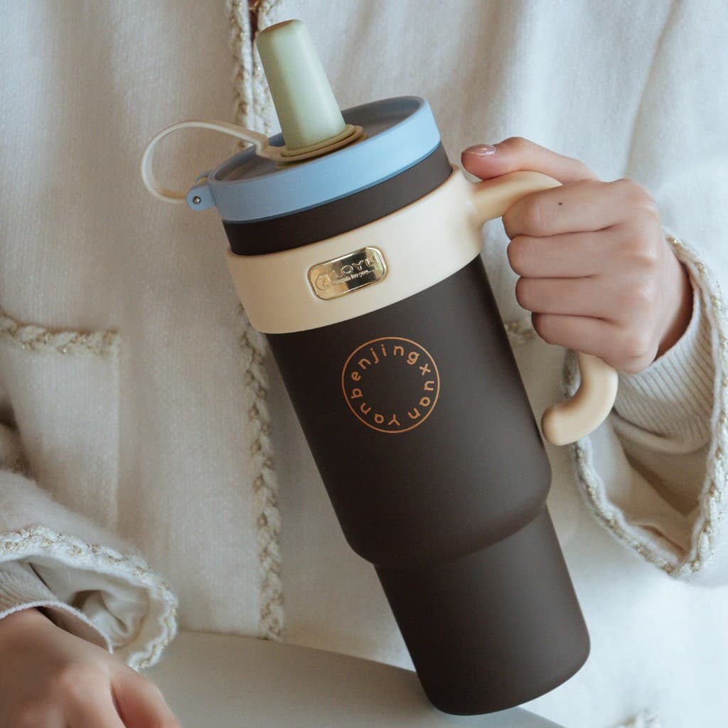 แก้วน้ำเก็บความเย็นสแตนเลสเคลือบเซรามิก แก้วเก็บความเย็น 30oz/1000ML แก้วเก็บความเย็น ด้ามจับแบบพกพา รูปที่ 6