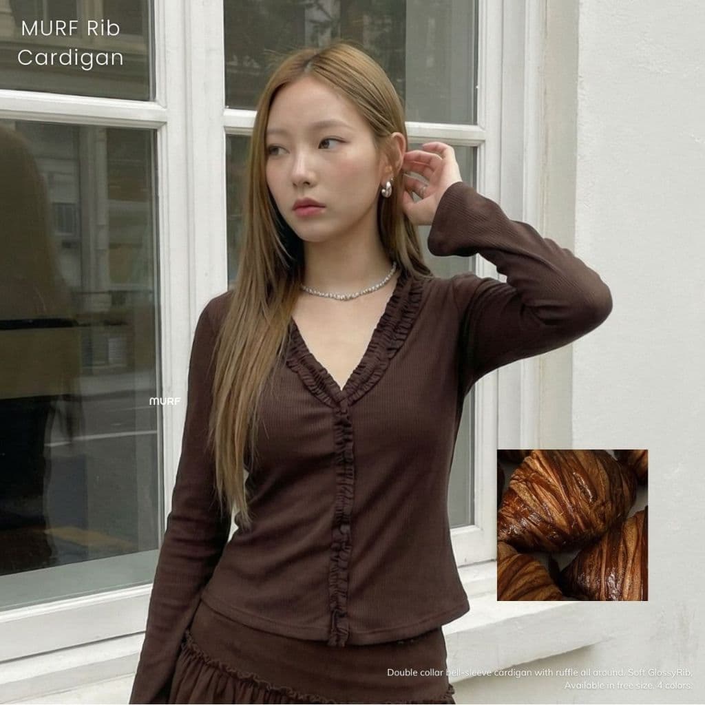MURF Rib Cardigan - เสื้อคาร์ดิแกนผ้า GlossyRib แต่งระบาย แขนกระดิ่ง | Bell-Sleeve Cardigan T166 รูปที่ 7