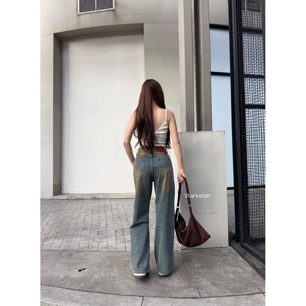 Pravve Jeans กางเกงยีนส์ขากระบอก ผ้าไม่ยืด สีสนิมเปรอะสุดอินเทรนด์ รูปที่ 3
