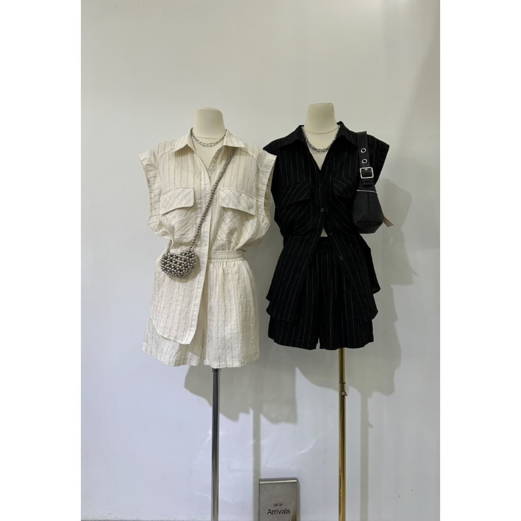 B667 | เซตเสื้อเชิ้ต + กางเกงขาสั้นลายริ้ว ลุคเรียบเท่ รูปที่ 8