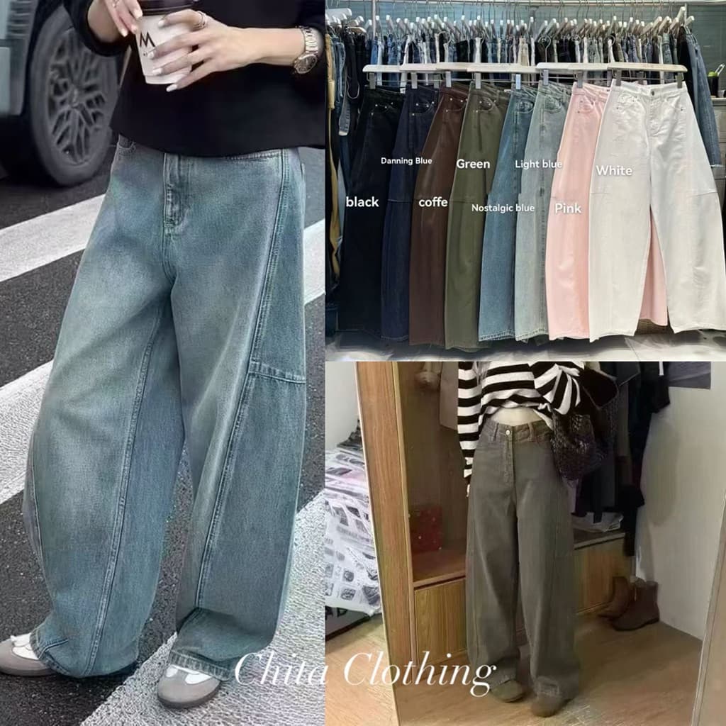FSY10381 Jeans side expand กางเกงยีนเอวสูงทรงขาบอลลูน แต่งตะเข็บด้านข้าง ผ้ายีนฟอกสีสวย รูปที่ 2