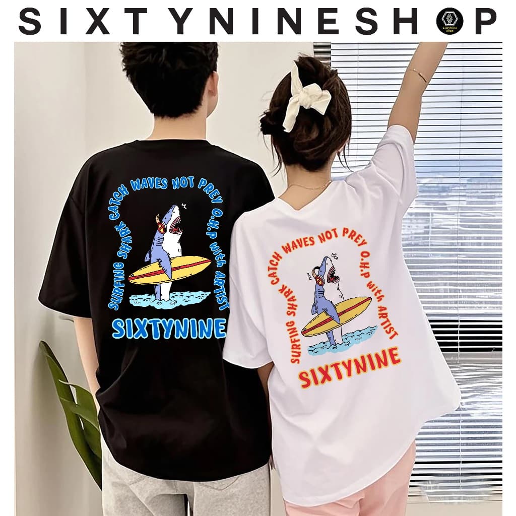 เสื้อยืดผ้าคอตตอน M-4XL พิมพ์ลาย " Shark surf " รูปที่ 1