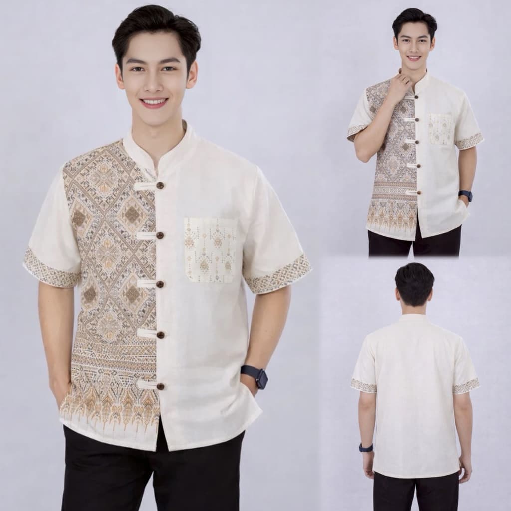 เสื้อคอจีนผู้ชาย ลายขิด/ลายไทย ทูโทน รูปที่ 4