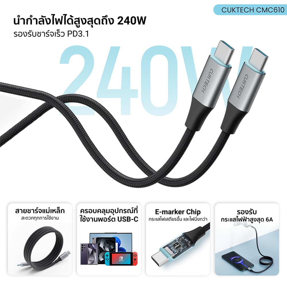 CUKTECH CMC610 / CMC615 6A 240W สายชาร์จ USB-C to C รองรับชาร์จเร็ว PD3.1 สำหรับ iPhone 17 / SAMSUNG -2Y รูปที่ 4