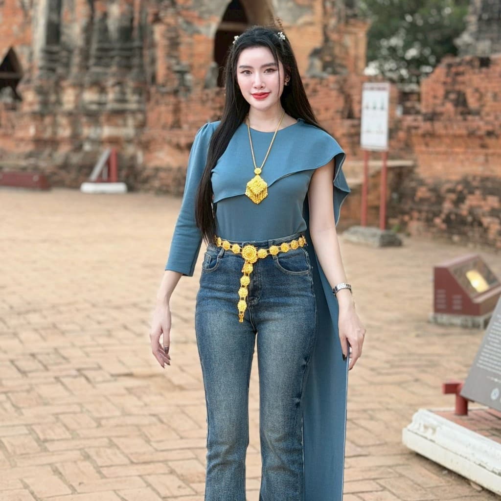 สินค้า เสื้อสไบประยุคสำเร็จรูป ผ้าวูลเวฟ แขนยาว ใส่แมท งานบุญ งานบวช งานเทศกาล A7663 รูปที่ 3