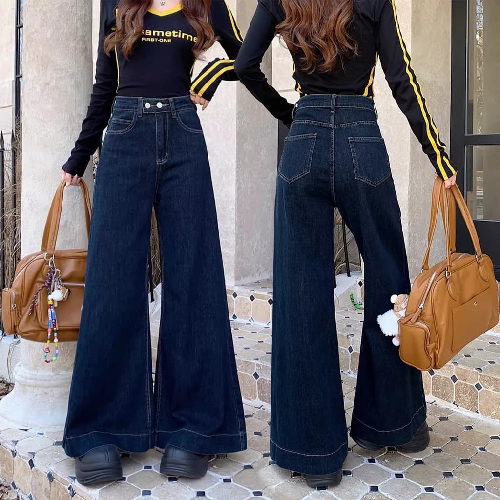 S~5XLBaggy jeans Navyblue กางเกงขายาวทรงตรงขาบานเอวสูงสีน้ำเงินเข้ม ดีไซน์แบบเรโทรสองปุ่ม กางเกงยีนส์ทรงหลวมลำลอง HOT รูปที่ 1