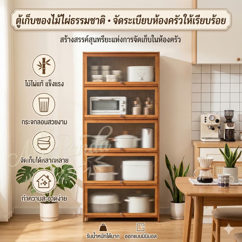 1-5ชั้น ครัวตู้กับข้าวพร้อมประตูตู้ กันฝุ่น ตู้เก็บของโปร่งใส มัลติฟังก์ชั่น วางจานชามในครัว รูปที่ 2