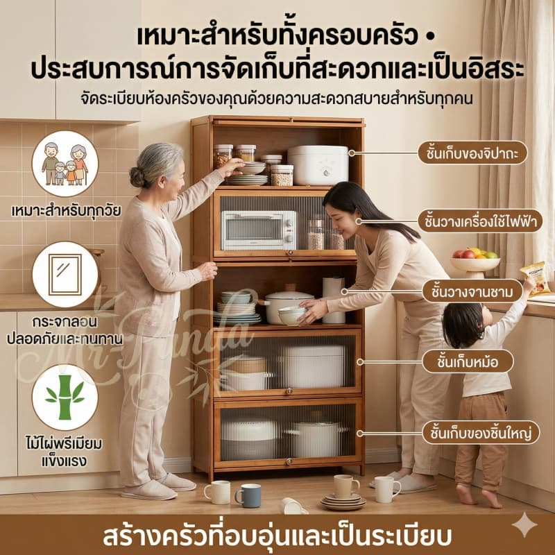 1-5ชั้น ครัวตู้กับข้าวพร้อมประตูตู้ กันฝุ่น ตู้เก็บของโปร่งใส มัลติฟังก์ชั่น วางจานชามในครัว รูปที่ 6