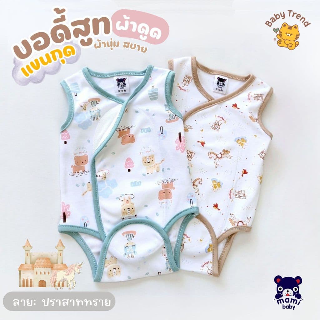 Mami Baby ชุดบอดี้สูทผ้าดูด "แขนกุด" ขาเว้า ไร้ซืป ไร้กระดุม ไร้เชือก ลายน่ารัก ผ้าคอตตอนนุ่มๆ รูปที่ 2