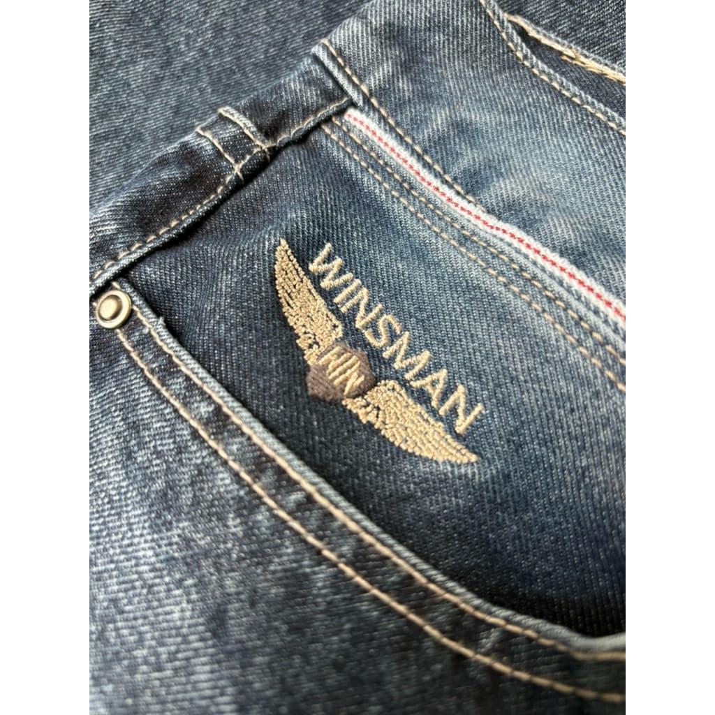 WINSMAN RETRO WINGกางเกงยีนส์ชายทรงกระบอกเล็กริมแดงผ้าหนา 15ออนซ์ผ้าไม่ยืดเป้ากระดุมฟอกเฟดดีไซน์วินเทจปักโลโก้ปีกนักบิน รูปที่ 6