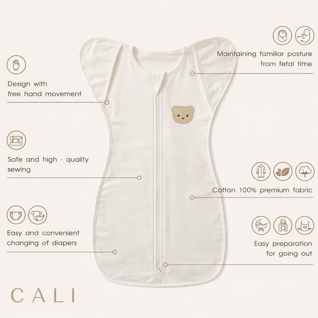 Cali-NEW​BORN​ SLEEPING​ BAG ถุงนอน ห่อตัวกันสะดุ้ง 0-3 เดือน ปักหมีผ้าCotton USA *ป้าย Cali Baby รูปที่ 7