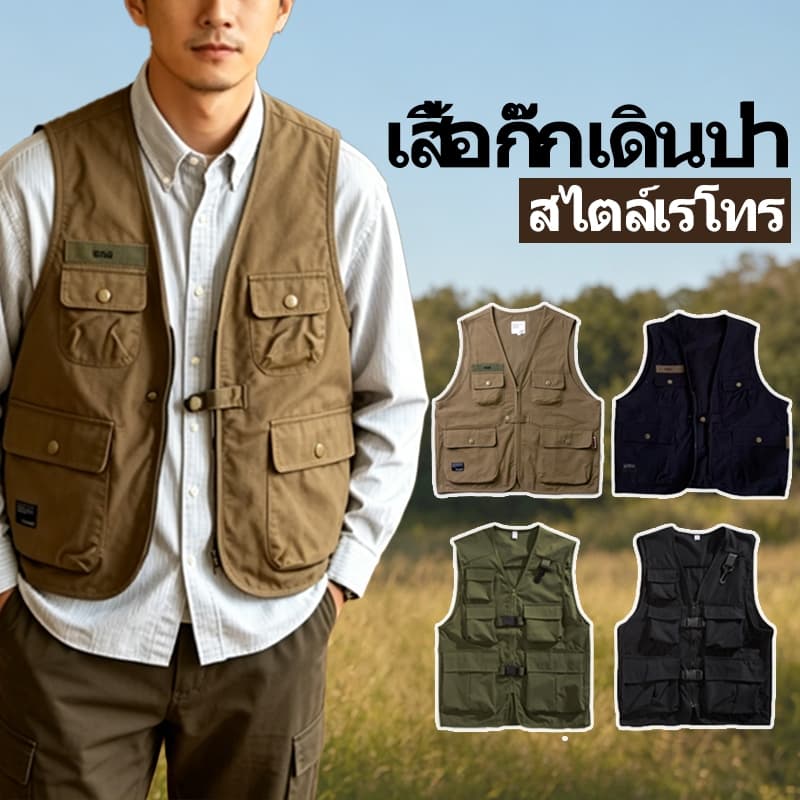 เสื้อกั๊กเดินป่า เสื้อกั๊กผู้ชาย มีซิปหน้า มีกระเป๋าหลายช่อง เสื้อกั๊ก ระบายอากาศ ใส่ได้ทั้งหญิงชา รูปที่ 1