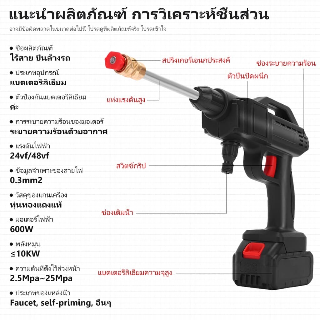 ล้างรถ ของแถม 8 ชิ้น! ปืนฉีดน้ำแรงดันสูง 998V แปรงล้างรถ ก้อน อายุการใช้งานแบตเตอรี่สูงสุด 80 นาที รูปที่ 8